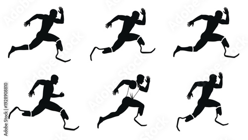 Dynamic silhouettes of adaptive sports athletes running with prosthetic legs, symbolizing strength and overcoming challenges