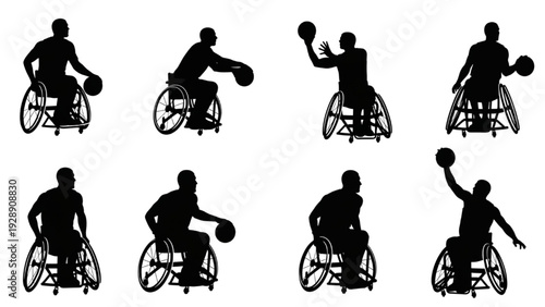 Collection of dynamic wheelchair basketball player silhouettes showcasing various game actions and athletic movements