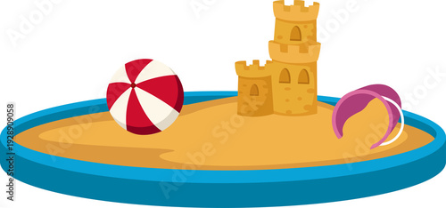 Schilderij op canvas Sand Castle and Beach Ball Illustration