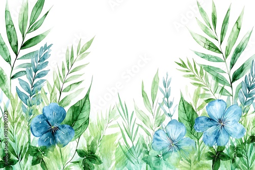 Elegant Watercolor Floral Arrangement with Leaves and Blue Flowers for Design Projects