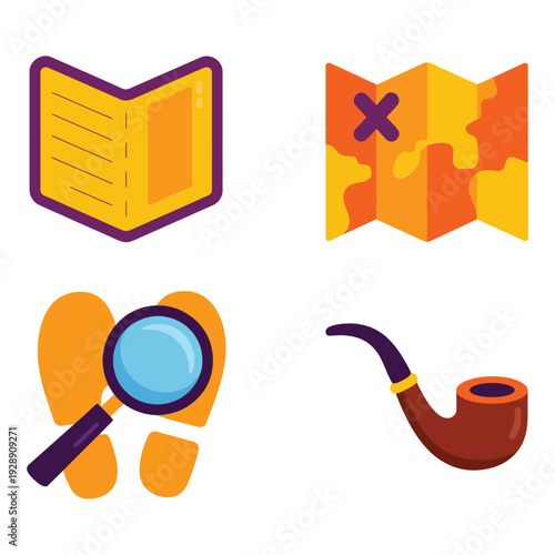 Detective adventure icons with open book, folded map marked x, magnifying glass and smoking pipe, mystery clue hunt graphics set