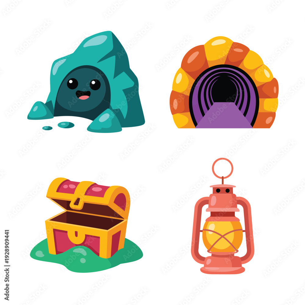 Fototapeta premium Crystal cavern portal, glowing grotto door, treasure chest and lantern, fantasy quest icons for dungeon crawl map and game interface