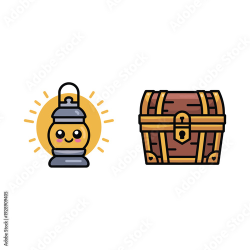 Treasure hunt night, camping lantern and wooden chest icons, adventure game event poster, clue solving session graphics, family festival vector