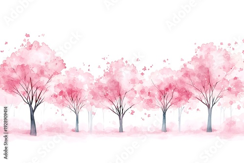 Soft Pink Cherry Blossom Trees with Delicate Petals in Dreamy Watercolor Landscape