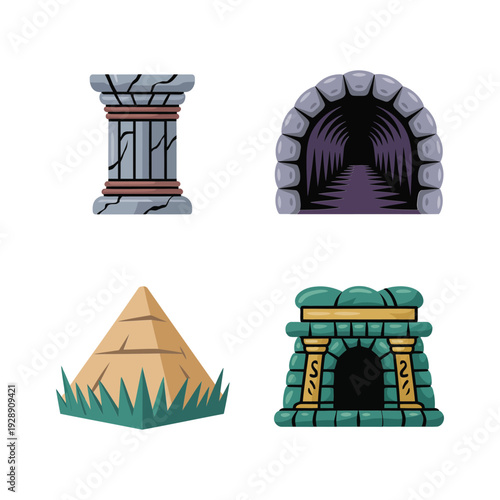 Temple tunnels and pyramid entrances set, adventure expedition poster, treasure hunt session graphics, archaeology summer camp branding vector