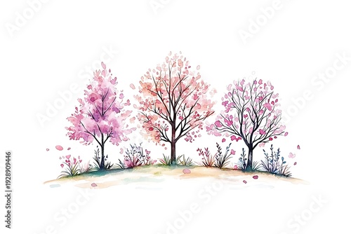 Beautiful watercolor illustration of three delicate trees with pink blossoms on a hill