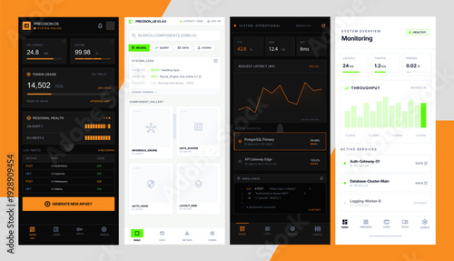 "A clean, high-contrast set of mobile user interface designs showcasing complex system monitoring and data analytics. The mood is professional, technical, and data-driven, featuring both dark