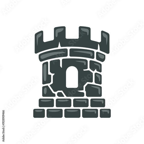 Fortified stone tower keep icon, medieval battlement structure for castle map, strategy game interface, heraldry branding, historical architecture design