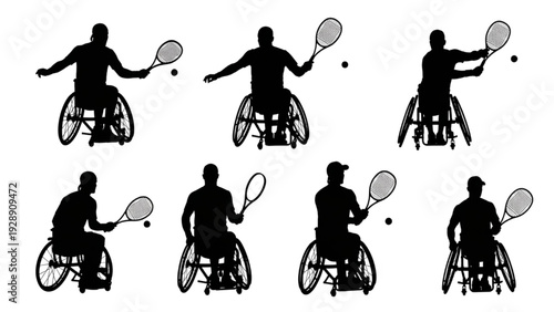 Wheelchair Tennis Player Silhouette Set Capturing Action Poses
