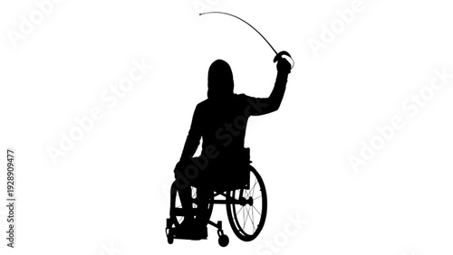 Powerful silhouette of a determined wheelchair fencer in action, wielding a foil to showcase strength and adaptive sports