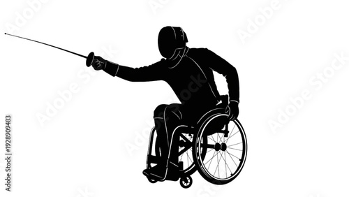 Dynamic silhouette of a fencer in a wheelchair, representing adaptive sports and determination