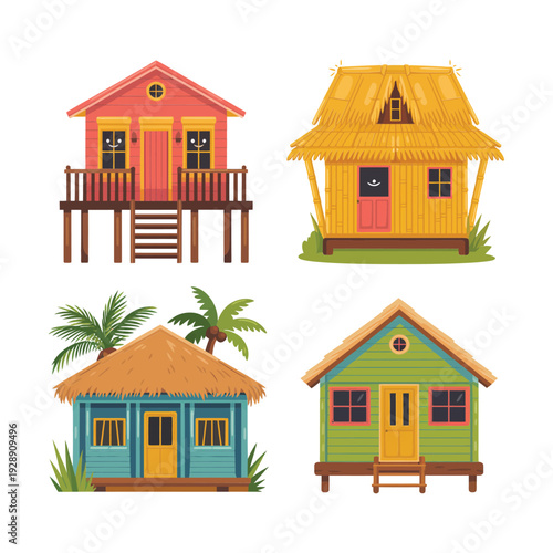 Colorful beach shacks on stilts vector collection, tropical village houses with palm leaves, vacation rental icons, travel brochure marketing design