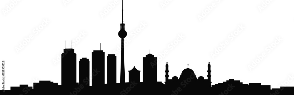Obraz premium Abu Dhabi skyline silhouette with Etihad Towers and Sheikh Zayed Grand Mosque isolated on white background, minimalist urban cityscape illustration for travel and tourism design.