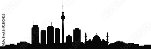 Abu Dhabi skyline silhouette with Etihad Towers and Sheikh Zayed Grand Mosque isolated on white background, minimalist urban cityscape illustration for travel and tourism design.