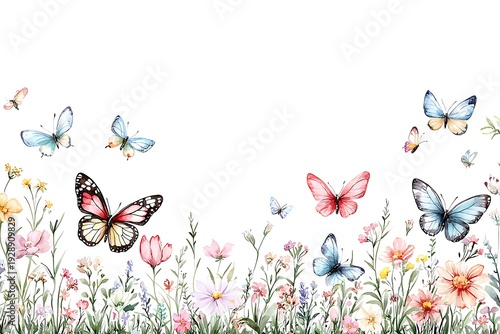 Colorful Butterflies and Wildflowers Illustrating a Serene Natural Landscape in Spring