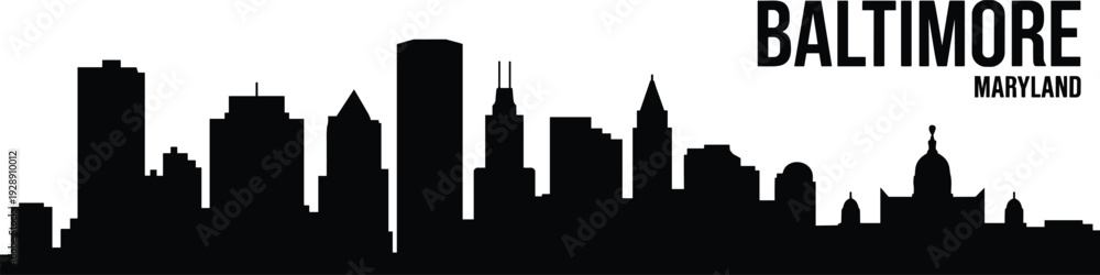 Obraz premium Baltimore Maryland city skyline silhouette with bold typography and modern skyscrapers isolated on white background, minimalist urban cityscape illustration for travel, tourism, and business design.