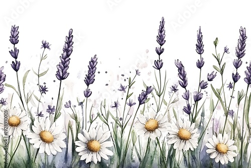 Charming Floral Arrangement with Lavender and Daisies in Soft Watercolor Style