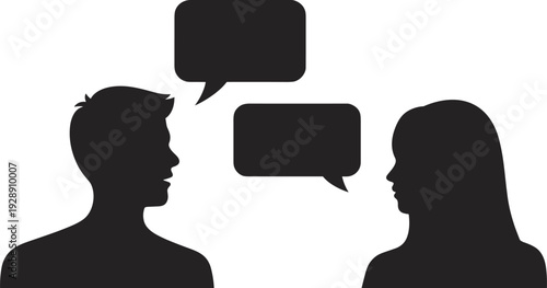 Man and woman talking silhouettes with speech bubbles, communication dialogue concept isolated on white background vector illustration
