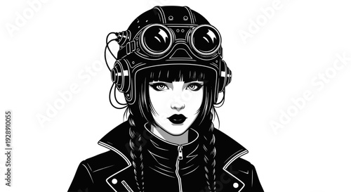 Beautiful steampunk girl. Monochrome vector illustration of a young woman in a steampunk fantasy style. Transparent background SVG version.