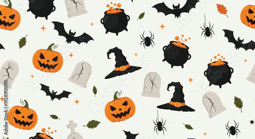Halloween-themed pattern with jack-o'-lanterns, witch hats, bats, cauldrons, tombstones, and spiders on a light background. Festive and spooky.