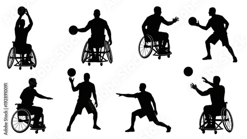 Wheelchair Basketball Player Silhouettes in Various Poses with Ball