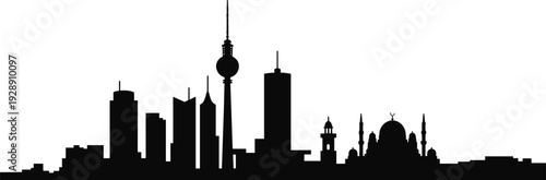 Abu Dhabi city skyline silhouette with Etihad Towers and Sheikh Zayed Grand Mosque isolated on white background, modern urban cityscape illustration for travel design.