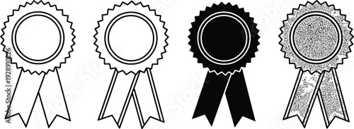 Four different ribbon badges or awards with various designs