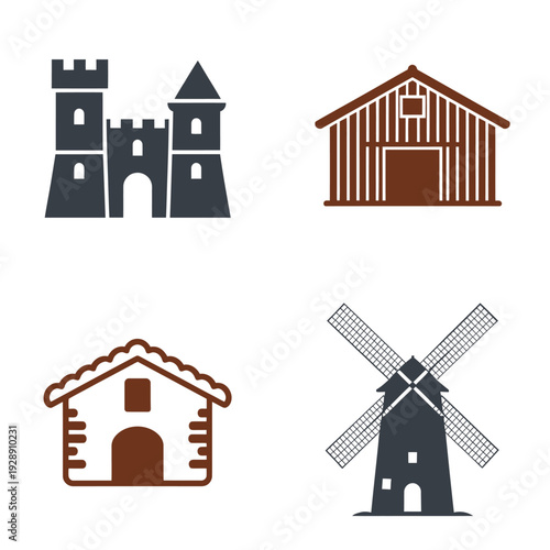 Countryside architecture set with farmhouse, defensive tower silhouettes, classic barn and windmill, rural heritage tourism graphics for maps and guides