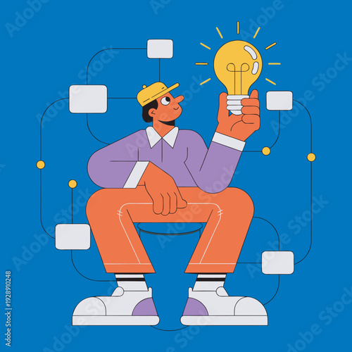 Creative Man Holding Glowing Light Bulb Idea Concept Modern Flat Illustration