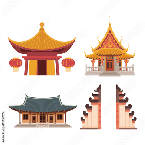 Pagoda roof and temple gate collection for spring lantern festival, travel poster, pilgrimage event, heritage architecture design, decorative icons