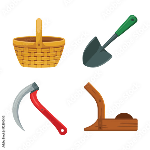 Farming tool set with basket shovel metal sickle and wooden plough, agriculture equipment vector for harvest festival and village graphic