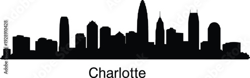 Charlotte North Carolina city skyline silhouette with modern skyscrapers isolated on white background, minimalist urban cityscape illustration for travel, tourism, and business design.