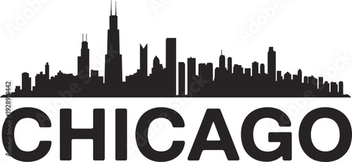 Chicago city skyline silhouette with bold typography and iconic skyscrapers isolated , minimalist urban cityscape illustration for travel, tourism, branding, and business marketing design.