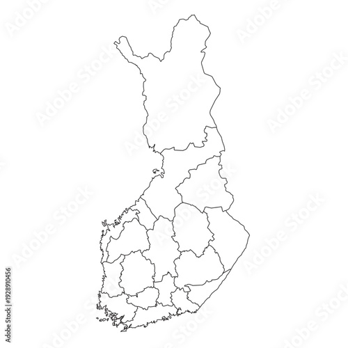 Outline map of Finland showing internal regional divisions