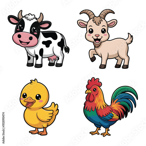 Livestock illustration set with dairy cow, frisky goat, fluffy chick, proud rooster for farmers market banner, agriculture festival design