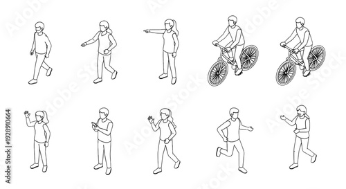 Isometric people set with various poses and activities line art
