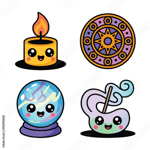 Kawaii crystal ball smiling candle magic symbol and potion cup, cute fortune telling vector for kids halloween party, mystic fair