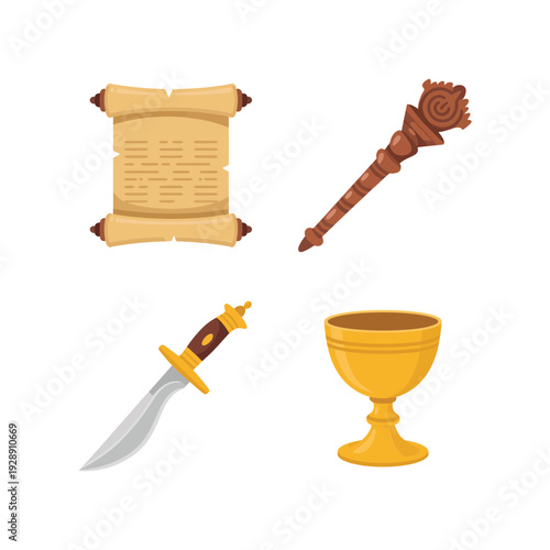 Medieval scroll battle mace dagger and golden goblet, fantasy adventure vector set for renaissance fair, tabletop game night promotion