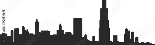 Chicago city skyline silhouette with iconic downtown skyscrapers isolated on white background, minimalist urban cityscape illustration for travel, tourism and architecture