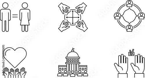 Social Community and Public Service Icons Set with Gender Equality Teamwork Government and Volunteer Support