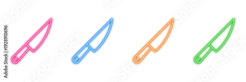 Neon glowing knife vector icons set, kitchen tool, cooking utensil, sharp object, cutlery, chef equipment, vibrant colorful digital design illustration on transparent background.