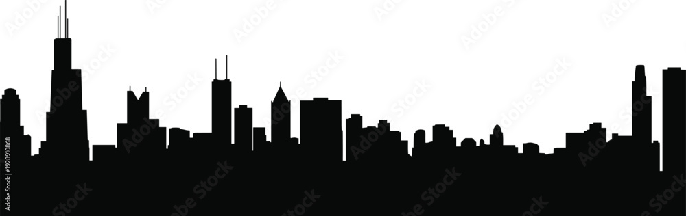 Obraz premium Chicago city skyline silhouette with iconic downtown skyscrapers isolated on white background, detailed urban cityscape illustration for travel, tourism, architecture and branding