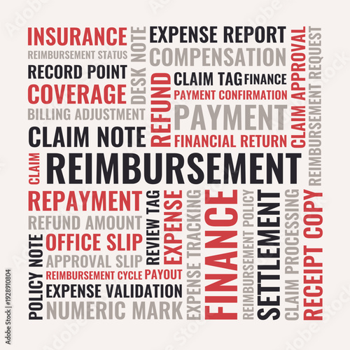 Reimbursement Word Cloud Design for Insurance Poster, Office Wall Art, Finance Print, Claim Process Guide. Reimbursement bold red gray typography