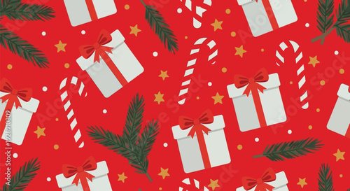 Festive pattern of white gift boxes with red bows, candy canes, green pine branches, gold stars, and white dots on a red background, conveying holiday cheer.