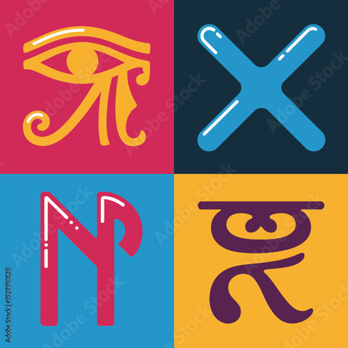 Cultural symbols grid for museum night, ancient eye and glyph marks, mythology lecture session artwork, educational poster graphics, heritage design