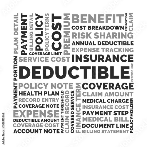 Deductible Word Cloud Design for Insurance Poster, Policy Guide, Finance Print. Deductible monochrome typography