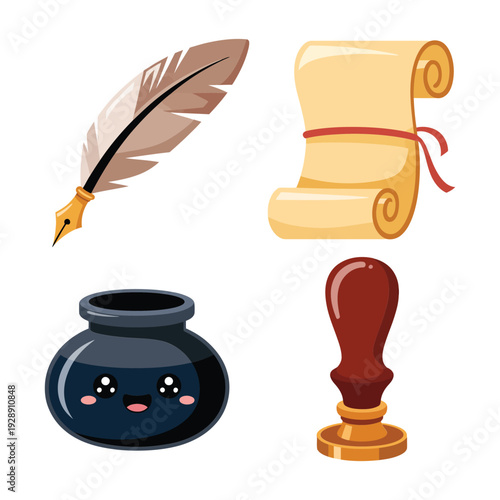 Heritage scribe toolkit icons, feather quill, sealed scroll, ink pot, wax stamp, manuscript day poster, archival session graphics set