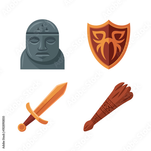 Medieval arms and relics icons, ritual mask, heraldic shield, short sword, ceremonial mace, renaissance fair poster, reenactment session graphics