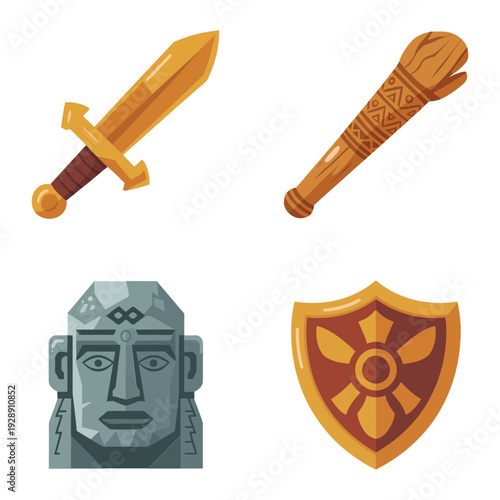 Knight tournament toolkit, sword and cudgel with round shield, stone guardian statue, medieval fair banner, combat demo session graphics