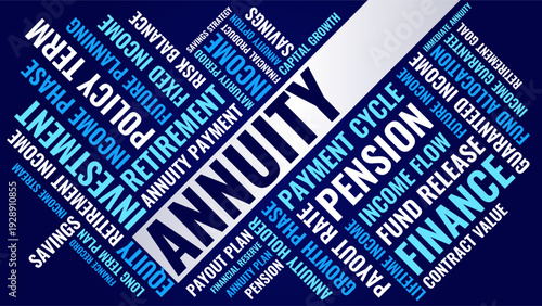 Annuity Word Cloud Design for Retirement Poster, Wall Art, Classroom Decor, Finance Flyer. Annuity high contrast dark background typography